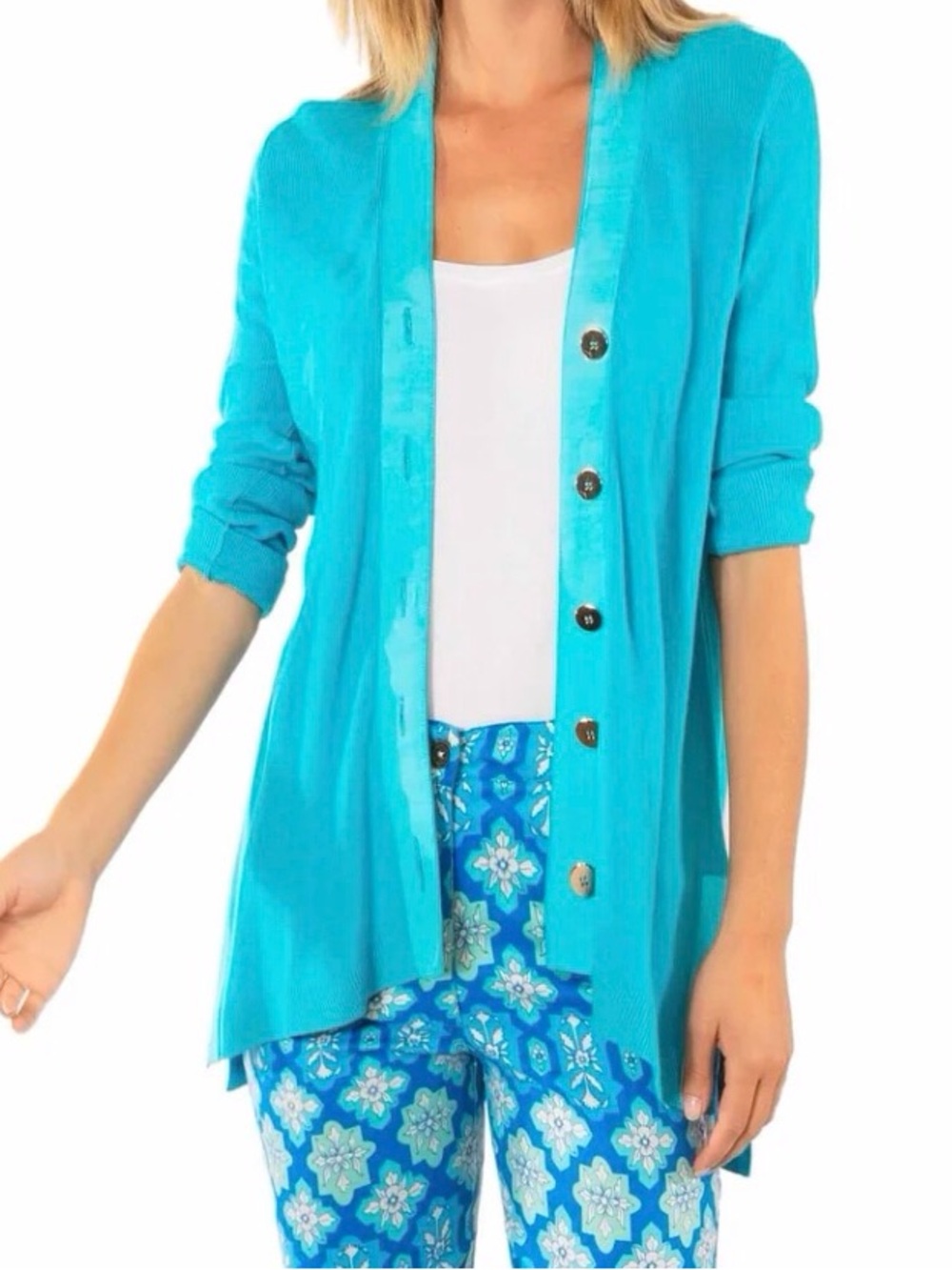Gretchen Scott Designs Grosgrain Heaven Hi-Lo Turqoise Cardigan, SzXS, NWT